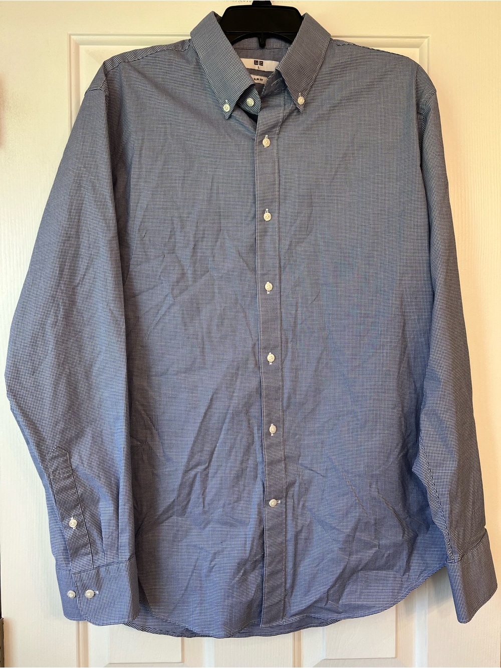 Uniqlo Navy and White Checked Easy Care Slim Fit Long Sleeve Button-Down Shirt